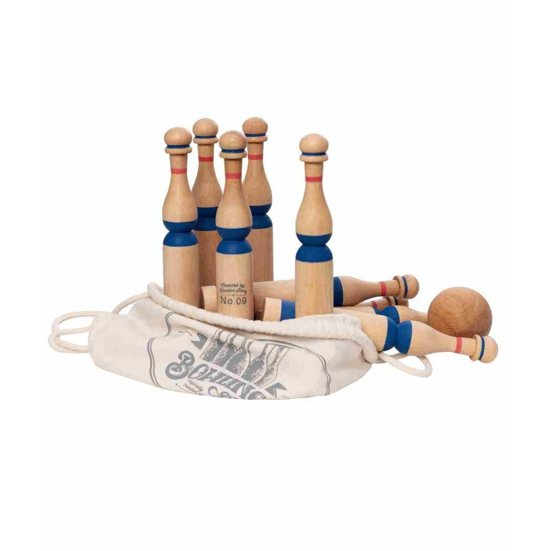 Wooden Story bowling set with pins, balls, and canvas carrying bag for portable storage and play