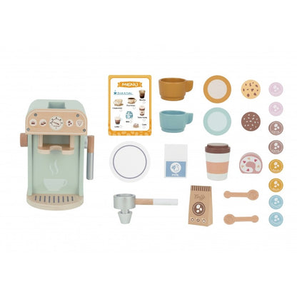 Woopie wooden barista set with 25 pieces including coffee machine, cups, pastries, and accessories laid out flat