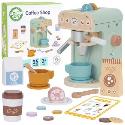 Woopie Coffee Shop wooden barista set box showing 25-piece playset with sage green coffee machine and accessories
