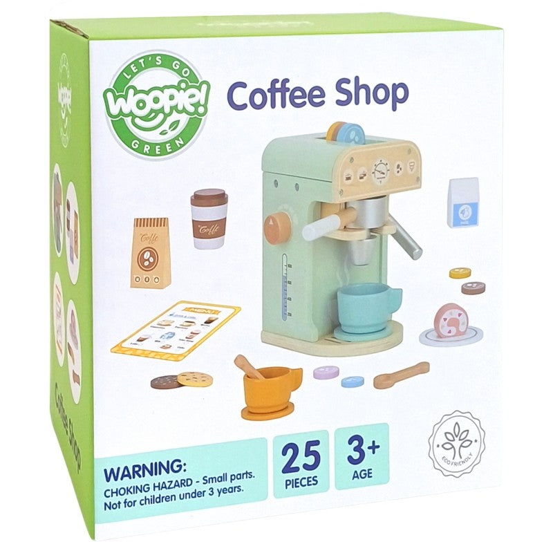 Woopie wooden barista set packaging box displaying coffee maker, cups, pastries, and game card for ages 3+
