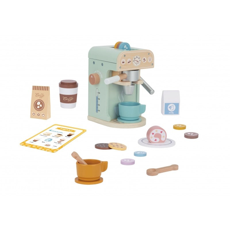 Complete wooden barista set arranged flat showing sage green coffee maker and all 25 accessories