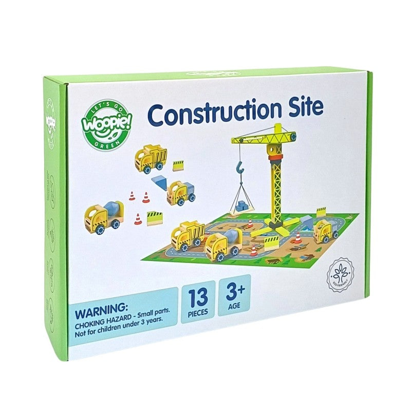 Woopie Construction Site box showing 13-piece set with FSC-certified wooden crane and vehicles