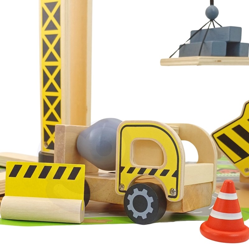 Wooden crane tower with yellow and black cross-pattern design lifting suspended cargo platform