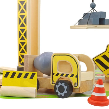Wooden crane tower with yellow and black cross-pattern design lifting suspended cargo platform