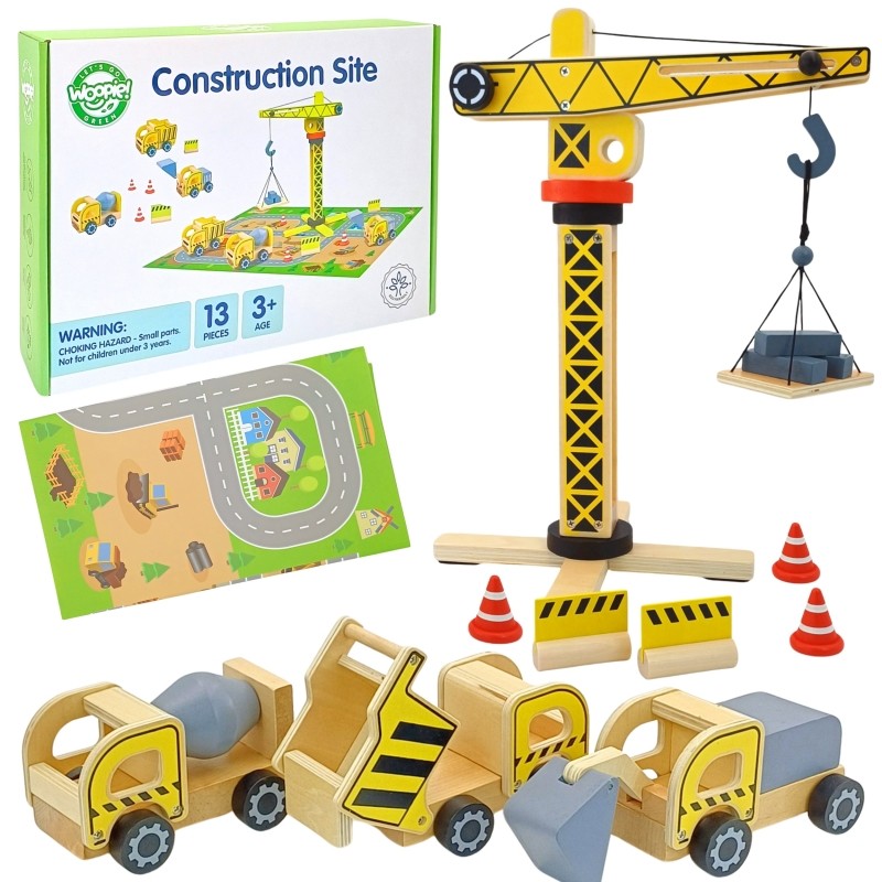 Complete Woopie construction set displayed with box, play mat, vehicles and rotating crane
