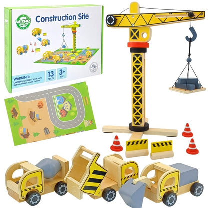 Complete Woopie construction set displayed with box, play mat, vehicles and rotating crane