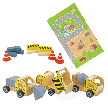 Flat lay of all wooden construction pieces including vehicles, blocks, cones and play mat