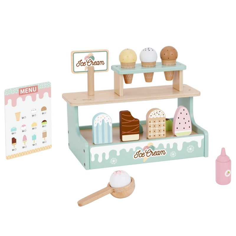 Ice cream shop play set showing menu board, magnetic scoops, popsicles on sticks, and condiment bottle accessory