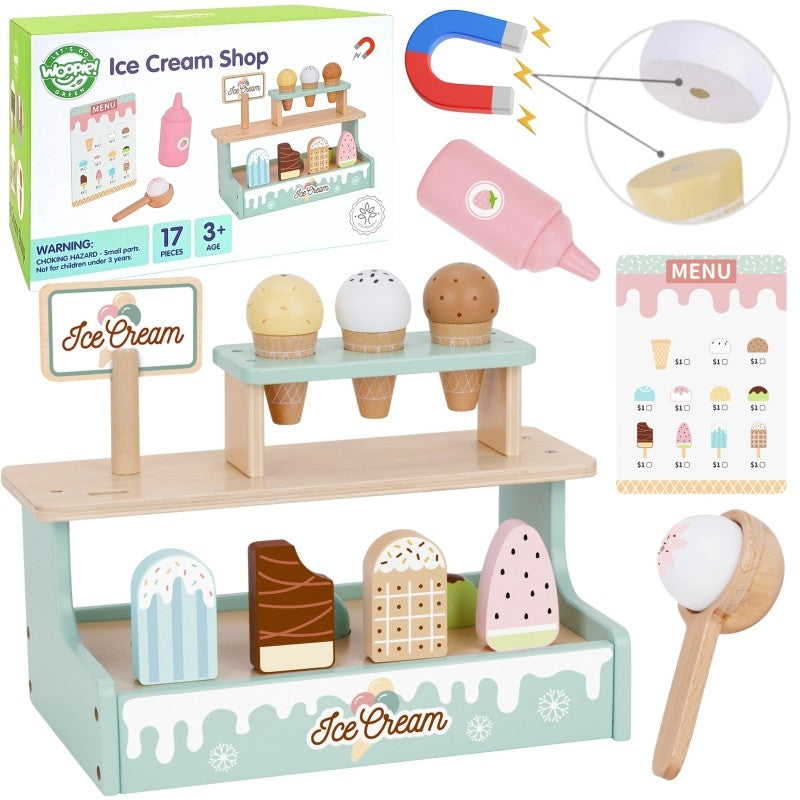 Complete 16-piece wooden ice cream shop set with packaging showing stand, cones, magnetic scoops, popsicles, and menu card