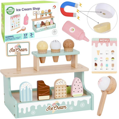 Complete 16-piece wooden ice cream shop set with packaging showing stand, cones, magnetic scoops, popsicles, and menu card