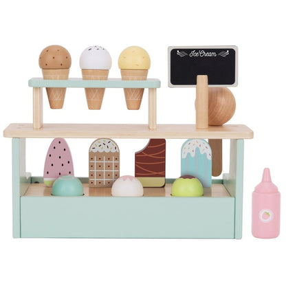 Full-view wooden ice cream shop with three cones on upper shelf, popsicles and scoops on lower shelf, and pink bottle