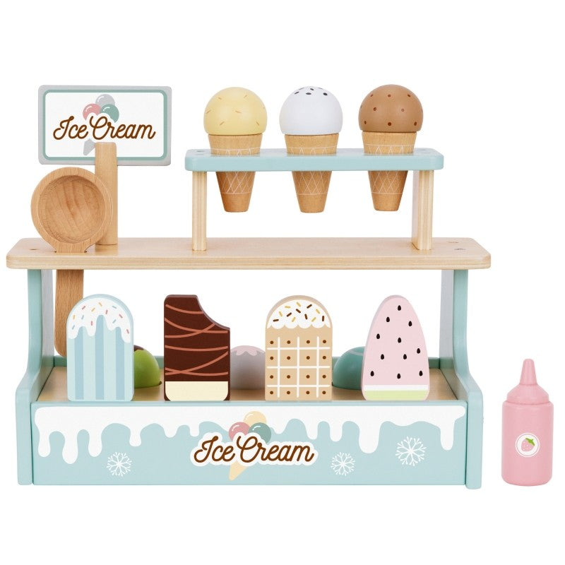 Wooden ice cream shop set with three cone flavors, magnetic scoops, and colorful popsicle accessories