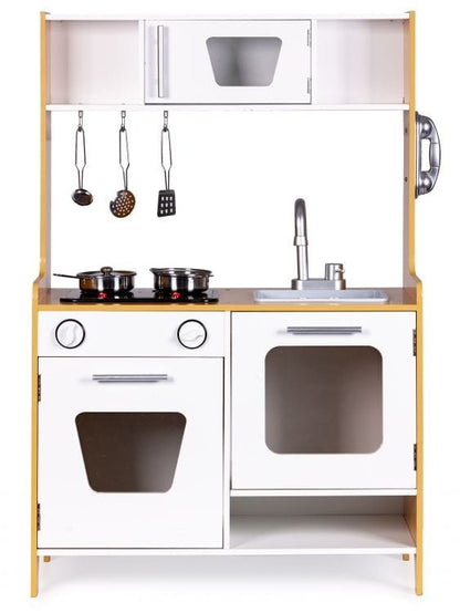 Yellow wooden play kitchen full view with multimedia burners and accessible cabinet doors
