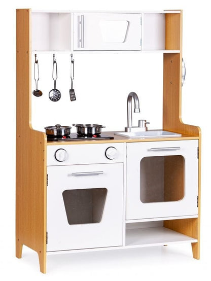 Natural wood Montessori play kitchen with white accents and complete cooking features