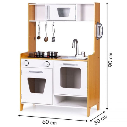 Tall wooden play kitchen display with dimensions marked on sides and back