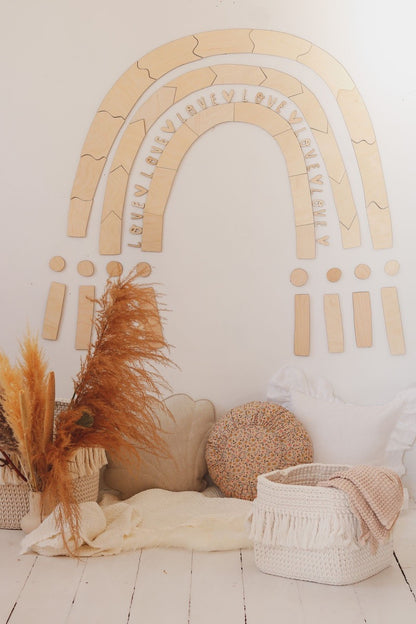 Birch plywood rainbow puzzle wall decoration displayed flat with engraved love text and wooden pieces