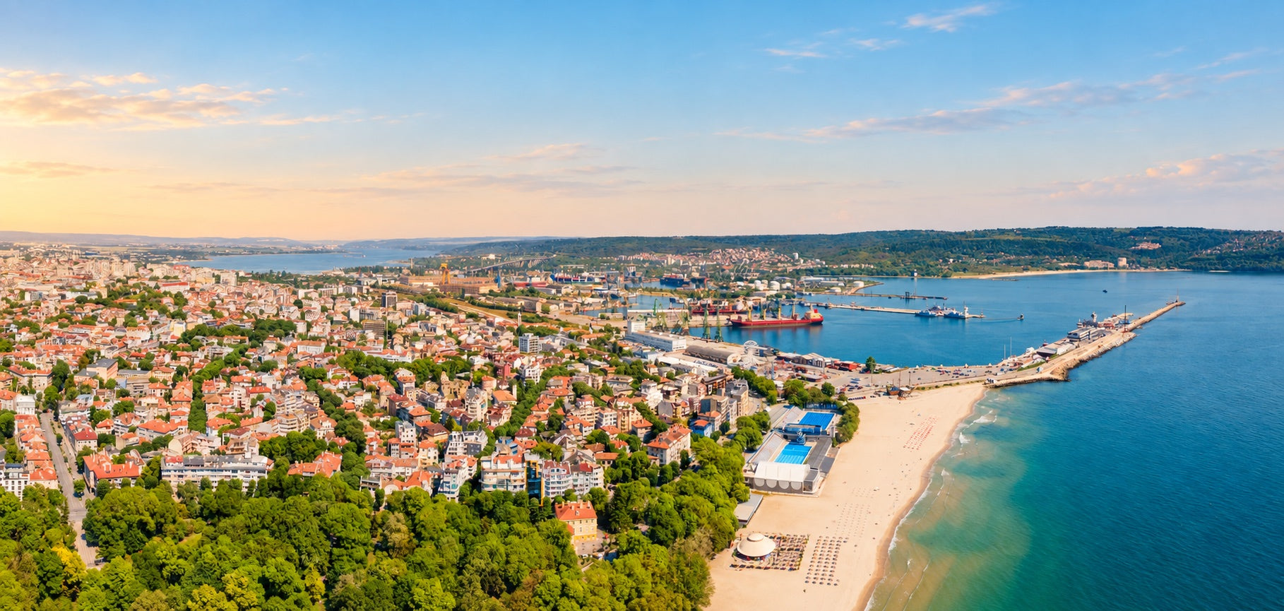 Aerial view of Varna, its harbour and the Black Sea coastline